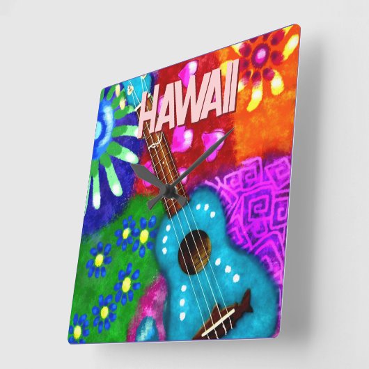 Abstract Funky Ukulele Floral Tropical Teal Purple スクエア壁時計 (傾斜)