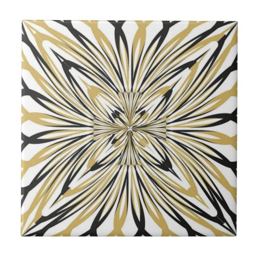 Abstract Gold and Black Floral Burst タイル (正面)