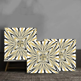 Abstract Gold and Black Floral Burst タイル