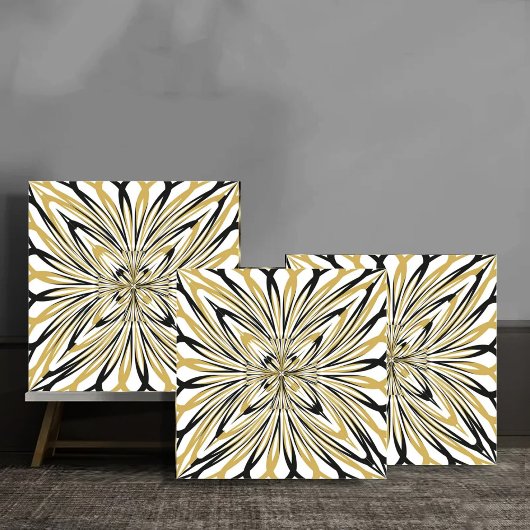 Abstract Gold and Black Floral Burst タイル