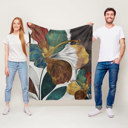 Abstract Gold Line Floral Art with Bold Petals フリースブランケット (インサイチュ)