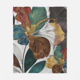Abstract Gold Line Floral Art with Bold Petals フリースブランケット