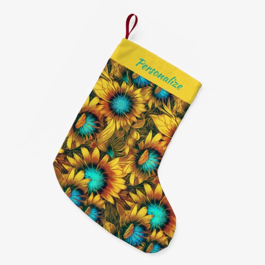 Abstract Gold Teal Sunflowers Floral Holiday スモールクリスマスストッキング (正面 (吊り時))