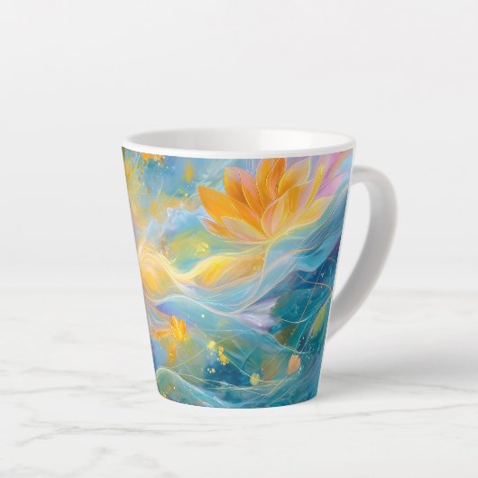 Abstract Golden Lotus Floating Flowers カフェラテマグ (右アングル)