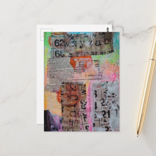 Abstract Grunge Numbers Letters collage  ポストカード (正面/裏面インサイチュ)