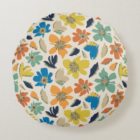 Abstract Hand-Drawn Boho Floral Pattern ラウンドクッション (正面)
