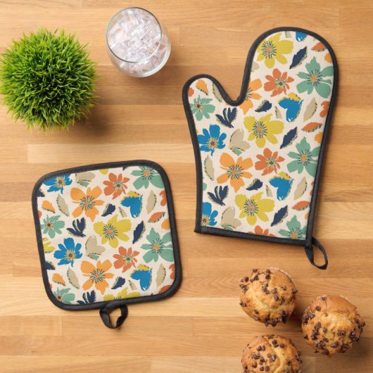 Abstract Hand-Drawn Boho Floral Pattern 鍋つかみ&鍋敷きセット (トップダウン)
