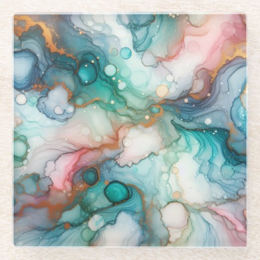 Abstract in Pink, Teal, Blue, and Gold ガラスコースター (正面)