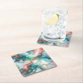 Abstract in Pink, Teal, Blue, and Gold スクエアペーパーコースター (インサイチュ)