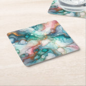 Abstract in Pink, Teal, Blue, and Gold スクエアペーパーコースター (アングル)
