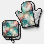 Abstract in Pink, Teal, Blue, and Gold 鍋つかみ&鍋敷きセット (正面/裏面)