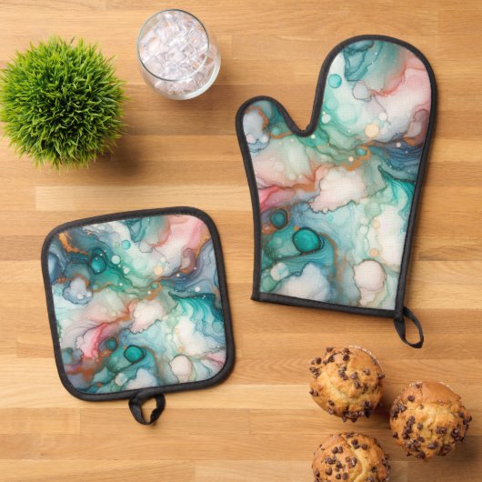 Abstract in Pink, Teal, Blue, and Gold 鍋つかみ&鍋敷きセット (トップダウン)