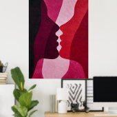 Abstract Kissing Silhouettes in Red & Magenta ポスター (ホームオフィス)