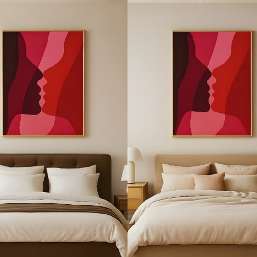 Abstract Kissing Silhouettes in Red & Magenta ポスター