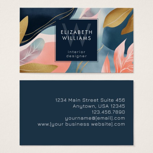 Abstract Leaves Botanicals Monogram Business Cards (正面&裏面)