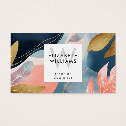 Abstract Leaves Botanicals Monogram Business Cards (正面)