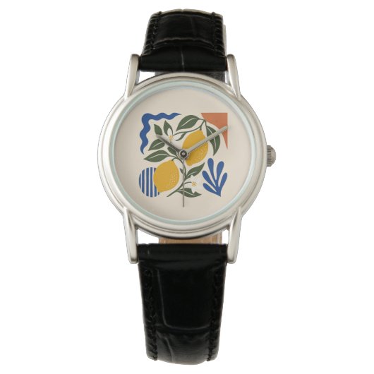 Abstract Lemon Leaves Boho Blue Cream Watch 腕時計 (正面)