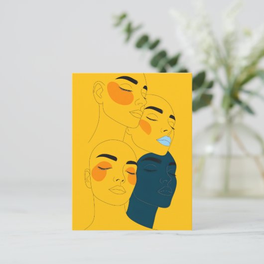 Abstract Line Art Print, Four Overlapping Faces ポストカード (スタンド正面)