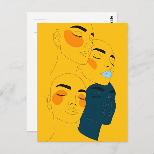 Abstract Line Art Print, Four Overlapping Faces ポストカード (正面/裏面)