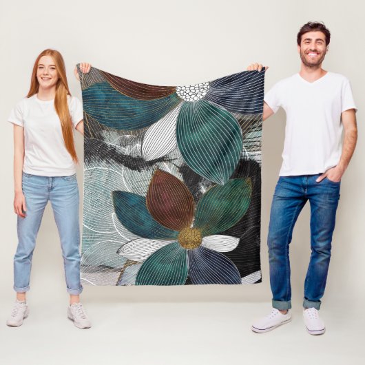 Abstract Linework Floral Art with Bold Petals フリースブランケット (インサイチュ)