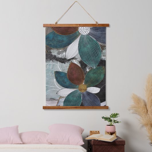 Abstract Linework Floral Art with Bold Petals 吊り下げ型タペストリー (寝室)