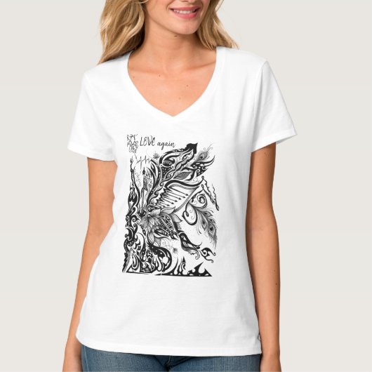 Abstract Lotus, Peacock & Music Graphic T-Shirt Tシャツ (正面)