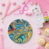 abstract marble swirls yellow teal turquoise blue ペーパープレート (パーティー)