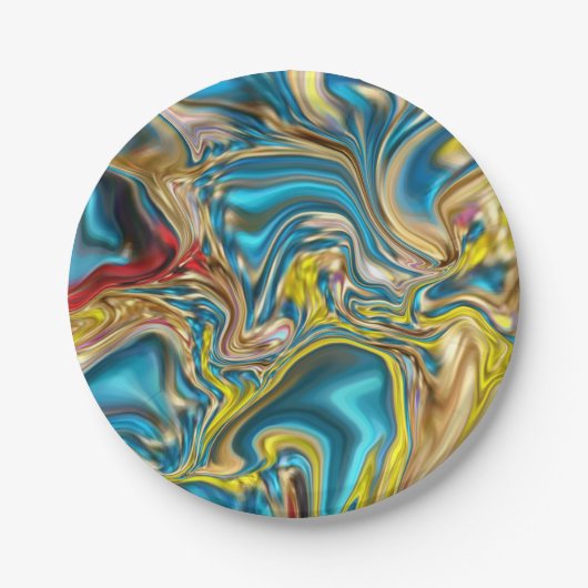 abstract marble swirls yellow teal turquoise blue ペーパープレート (正面)