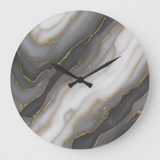 Abstract Marble Wall Clock – Grey, White & Gold De ラージ壁時計 (正面)