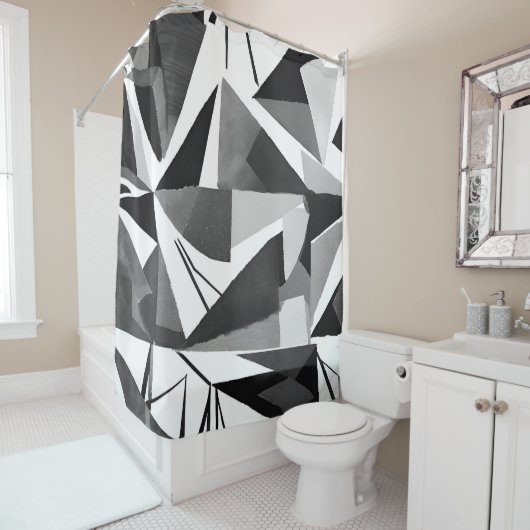 Abstract Modern Geometric Black & White Watercolor シャワーカーテン (インサイチュ)