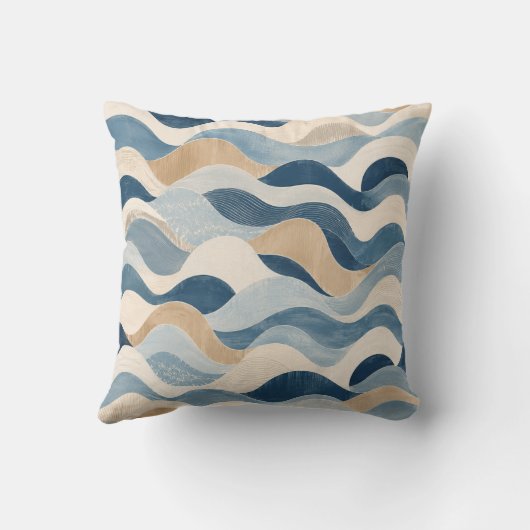 Abstract Modern Ocean Wave Pattern Coastal Blue Be クッション (裏面)