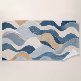 Abstract Modern Ocean Wave Pattern Coastal Blue Be ビーチタオル