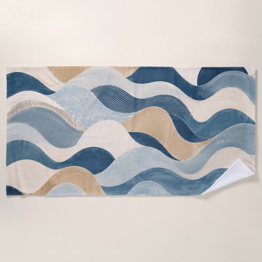 Abstract Modern Ocean Wave Pattern Coastal Blue Be ビーチタオル (正面)
