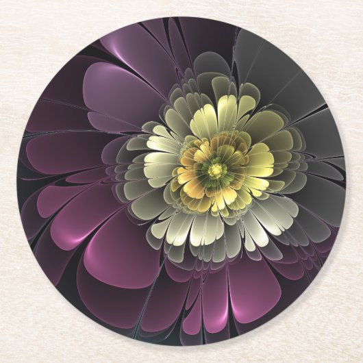 Abstract Modern Purpur Khaki Gray Fractal Flower ラウンドペーパーコースター (正面)
