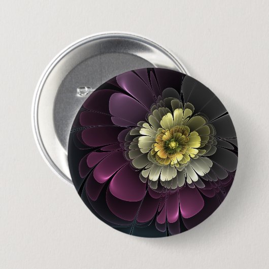 Abstract Modern Purpur Khaki Gray Fractal Flower 缶バッジ (正面&裏面)