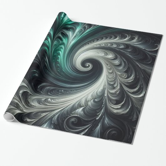 Abstract Modern Swirling Green, Silver and Black ラッピングペーパー (アンロールド)