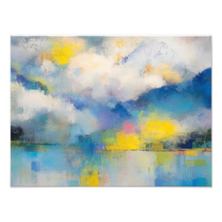 Abstract Mountain Lake in Soft Blue and Yellow  フォトプリント