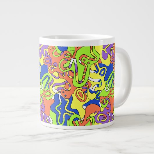 Abstract Neon Doodle Maze Pattern ジャンボコーヒーマグカップ (正面右)