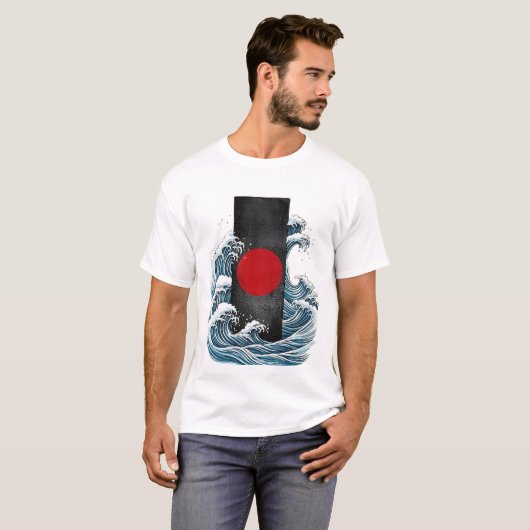 Abstract Ocean Wave and Red Circle Art Tシャツ (正面フル)