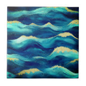 Abstract Ocean Waves Blue and Gold Watercolor  タイル (正面)