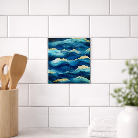 Abstract Ocean Waves Blue and Gold Watercolor  タイル