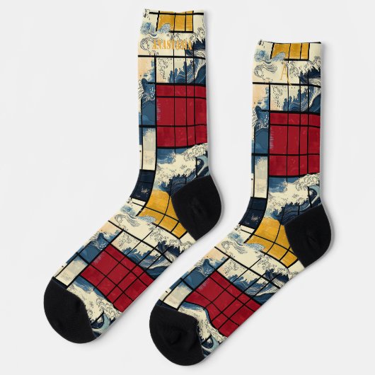 Abstract Oceanic Socks Retro Geometric Wave Design ソックス (左)