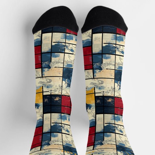 Abstract Oceanic Socks Retro Geometric Wave Design ソックス (上部)