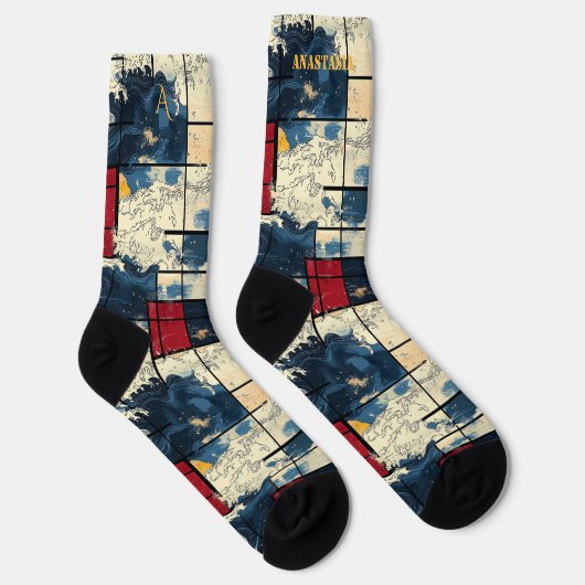 Abstract Oceanic Socks Retro Geometric Wave Design ソックス (右)