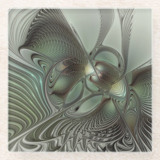 Abstract Olive Sage Green Gray Fractal Art Fantasy ガラスコースター (正面)