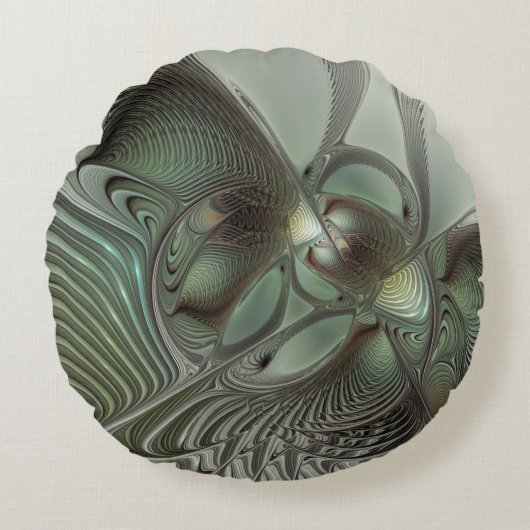 Abstract Olive Sage Green Gray Fractal Art Fantasy ラウンドクッション (正面)