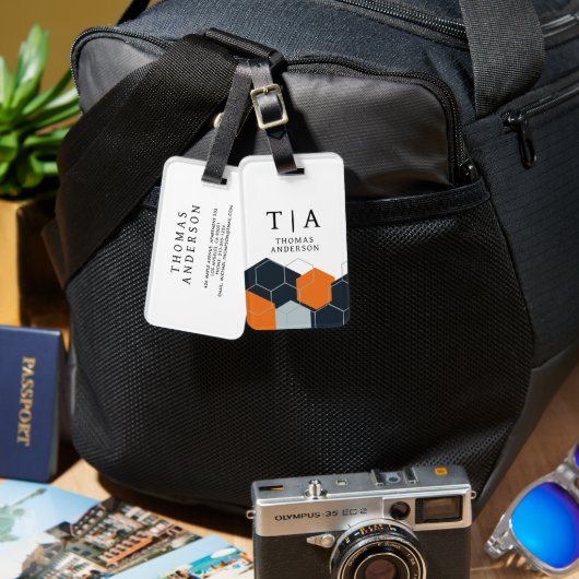 Abstract Orange-Black Geometric Background ラゲッジタグ (正面&裏面)