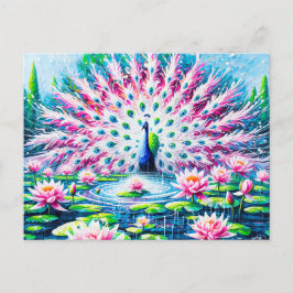 Abstract Peacock by the Pond with Water Lilies ポストカード