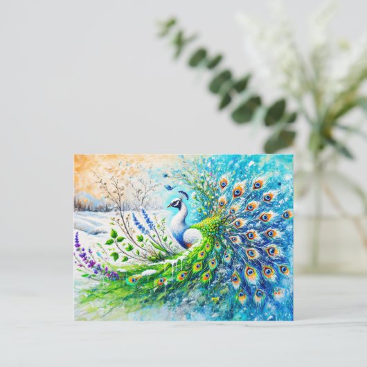 Abstract Peacock in Spring with Snow and Flower ポストカード (スタンド正面)
