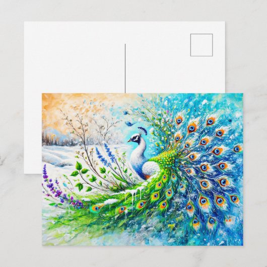Abstract Peacock in Spring with Snow and Flower ポストカード (正面/裏面)